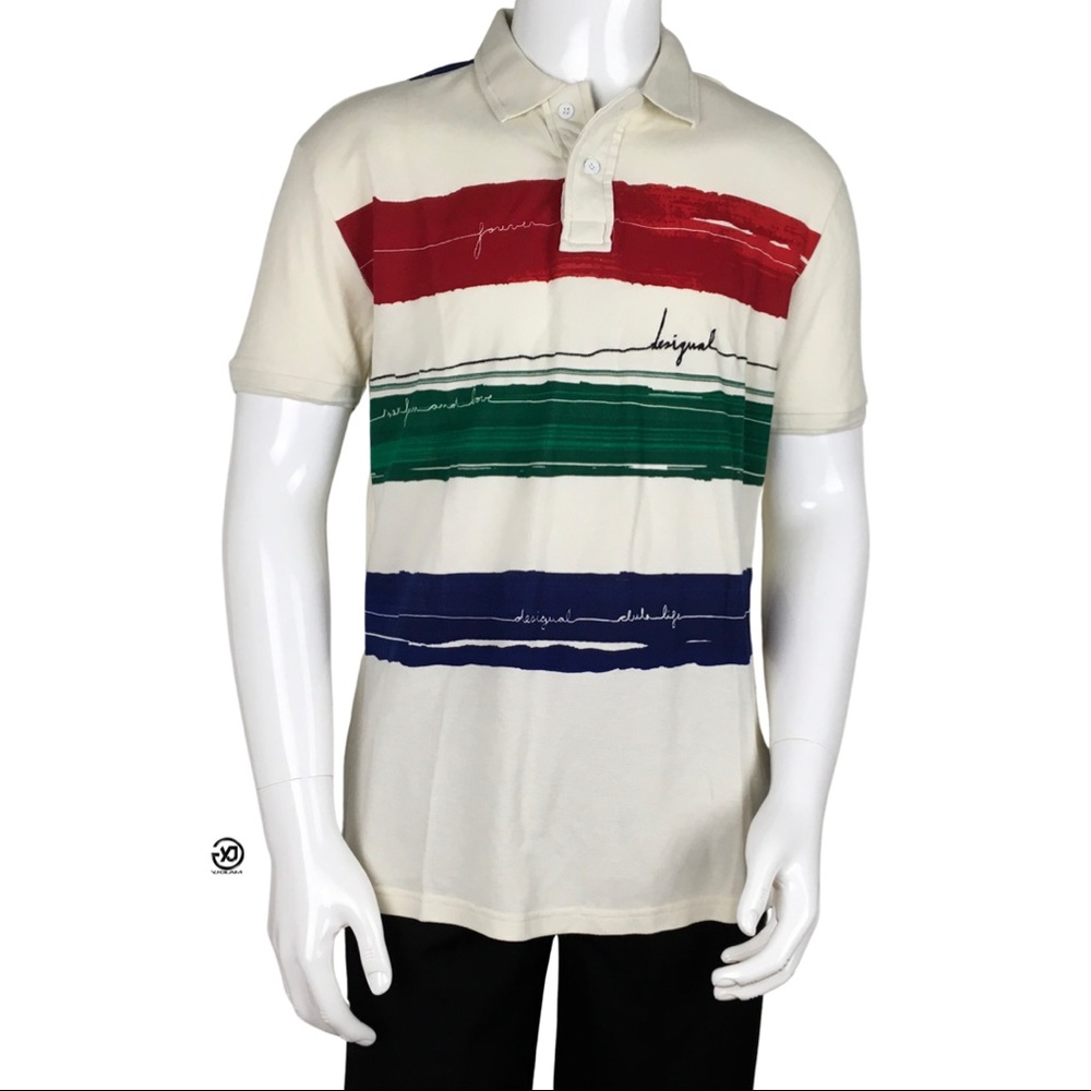 NWT Desigual Men's Polo Shirt Colored Stripes Beige